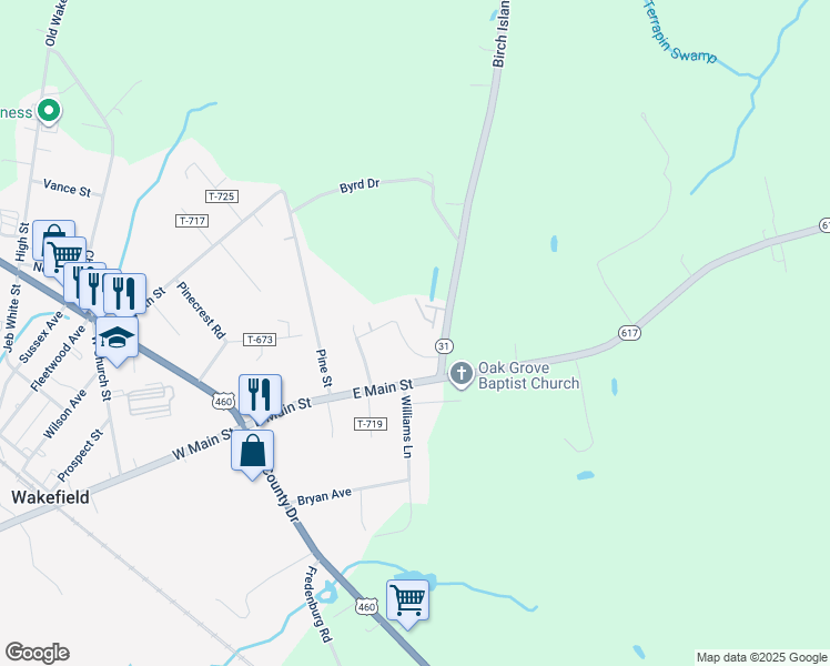 map of restaurants, bars, coffee shops, grocery stores, and more near 10350 Kelly Lane in Wakefield