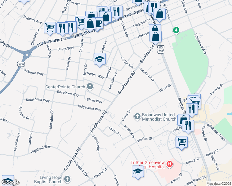 map of restaurants, bars, coffee shops, grocery stores, and more near 1708 Smallhouse Road in Bowling Green