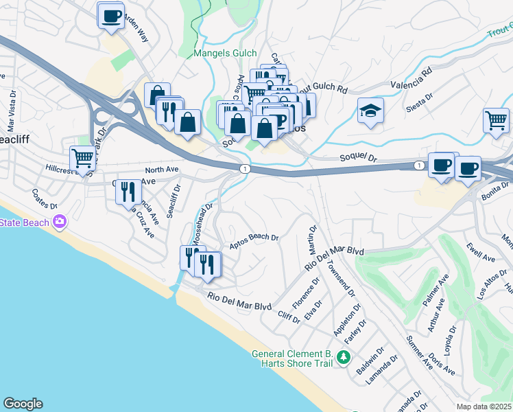 map of restaurants, bars, coffee shops, grocery stores, and more near 211 Wixon Avenue in Aptos