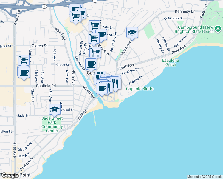 map of restaurants, bars, coffee shops, grocery stores, and more near 217 San Jose Avenue in Capitola