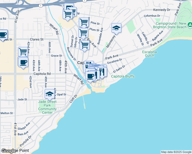 map of restaurants, bars, coffee shops, grocery stores, and more near 217 San Jose Avenue in Capitola