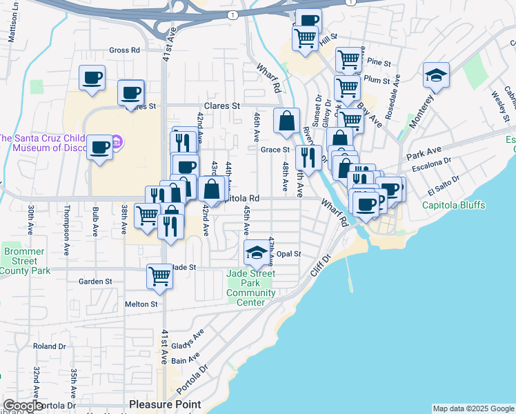 map of restaurants, bars, coffee shops, grocery stores, and more near 4610 Capitola Road in Capitola