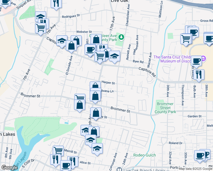 map of restaurants, bars, coffee shops, grocery stores, and more near 1818 Harper Street in Santa Cruz