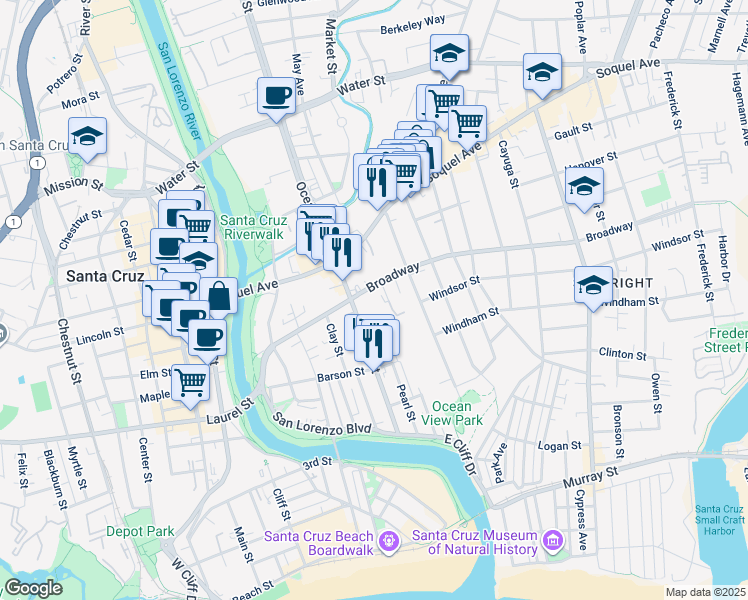 map of restaurants, bars, coffee shops, grocery stores, and more near 518 Broadway in Santa Cruz
