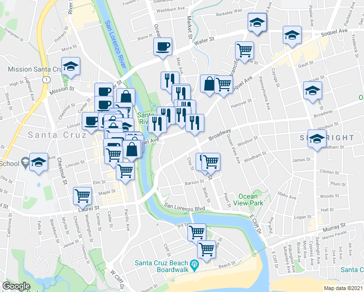 map of restaurants, bars, coffee shops, grocery stores, and more near 318 Soquel Avenue in Santa Cruz