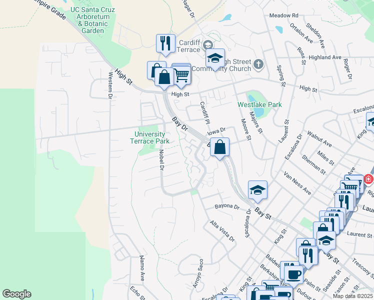 map of restaurants, bars, coffee shops, grocery stores, and more near 143 Peach Terrace in Santa Cruz