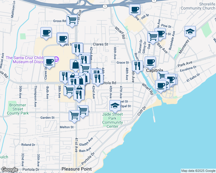 map of restaurants, bars, coffee shops, grocery stores, and more near 4450 Capitola Road in Capitola