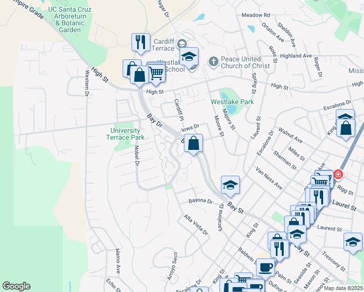 map of restaurants, bars, coffee shops, grocery stores, and more near 145 Torry Pine Terrace in Santa Cruz