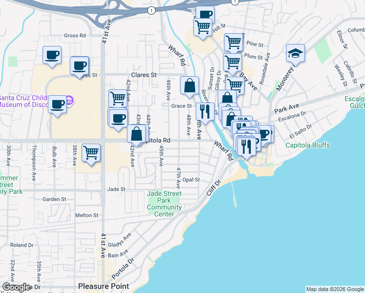 map of restaurants, bars, coffee shops, grocery stores, and more near 4705 Crystal Street in Capitola