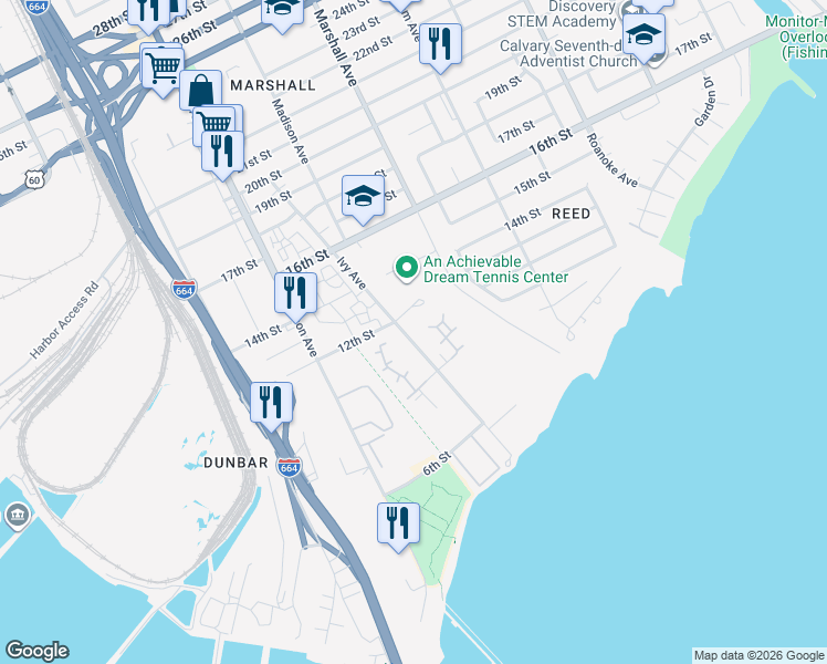 map of restaurants, bars, coffee shops, grocery stores, and more near 946 Ivy Ave in Newport News