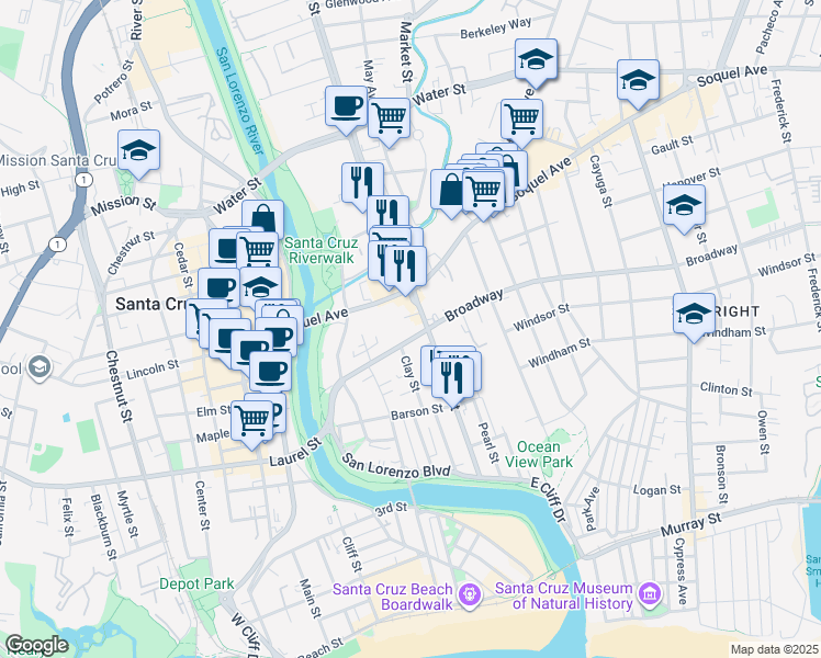 map of restaurants, bars, coffee shops, grocery stores, and more near 411 Broadway in Santa Cruz