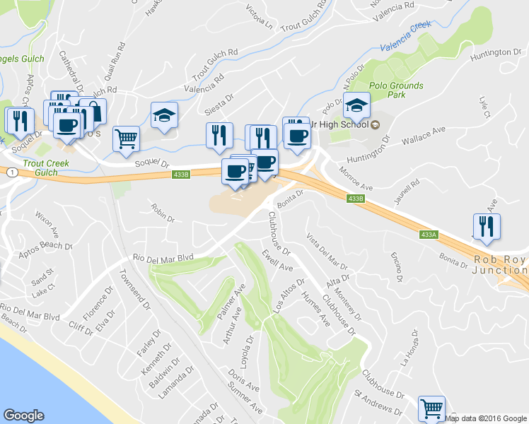 map of restaurants, bars, coffee shops, grocery stores, and more near 728 Rio Del Mar Boulevard in Aptos