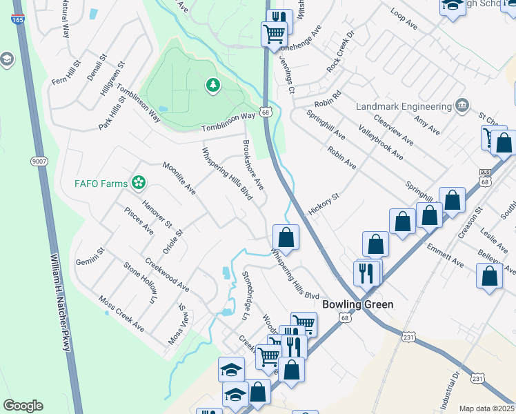 map of restaurants, bars, coffee shops, grocery stores, and more near 215 Whispering Hills Boulevard in Bowling Green
