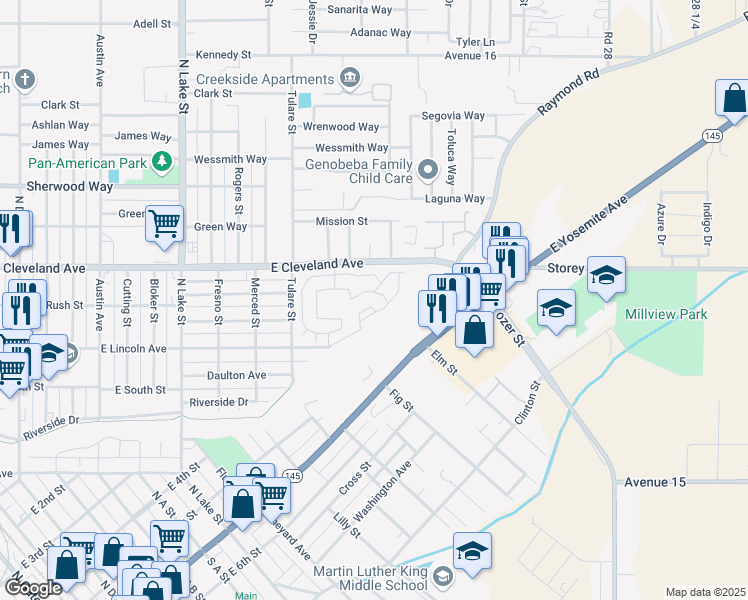 map of restaurants, bars, coffee shops, grocery stores, and more near 1218 East Cleveland Avenue in Madera