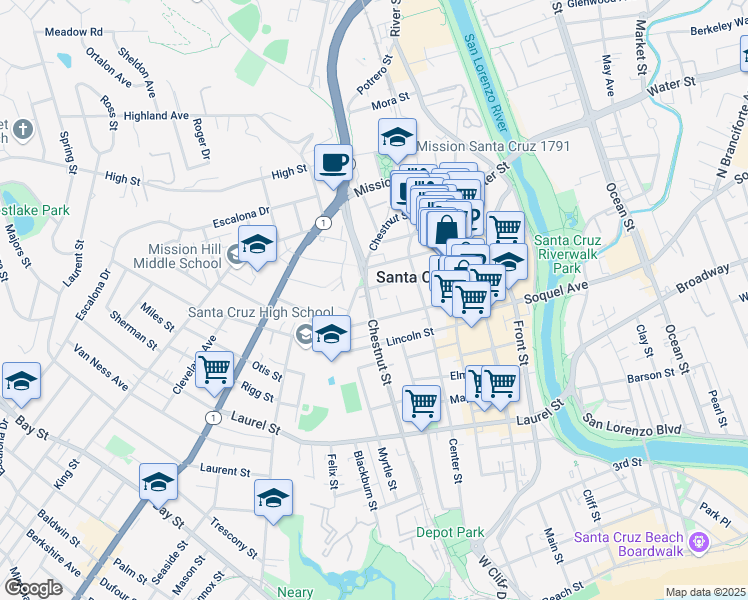 map of restaurants, bars, coffee shops, grocery stores, and more near 520 Chestnut Street in Santa Cruz