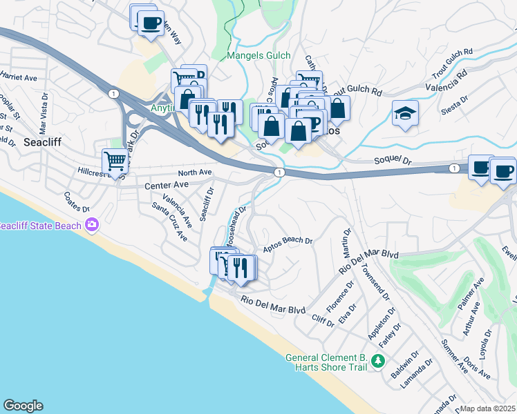 map of restaurants, bars, coffee shops, grocery stores, and more near 298 Moosehead Drive in Aptos