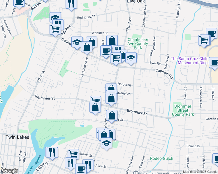 map of restaurants, bars, coffee shops, grocery stores, and more near 1687 Colony Way in Santa Cruz