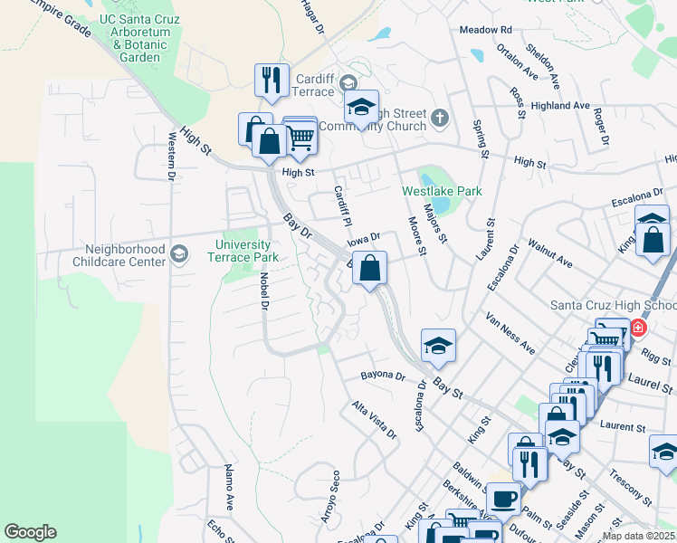 map of restaurants, bars, coffee shops, grocery stores, and more near 131 Torrey Pine Terrace in Santa Cruz