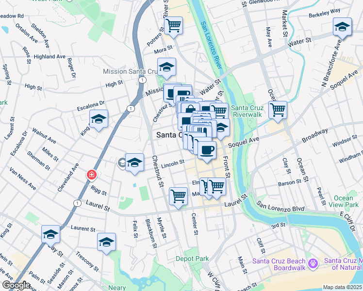 map of restaurants, bars, coffee shops, grocery stores, and more near 190 Walnut Avenue in Santa Cruz