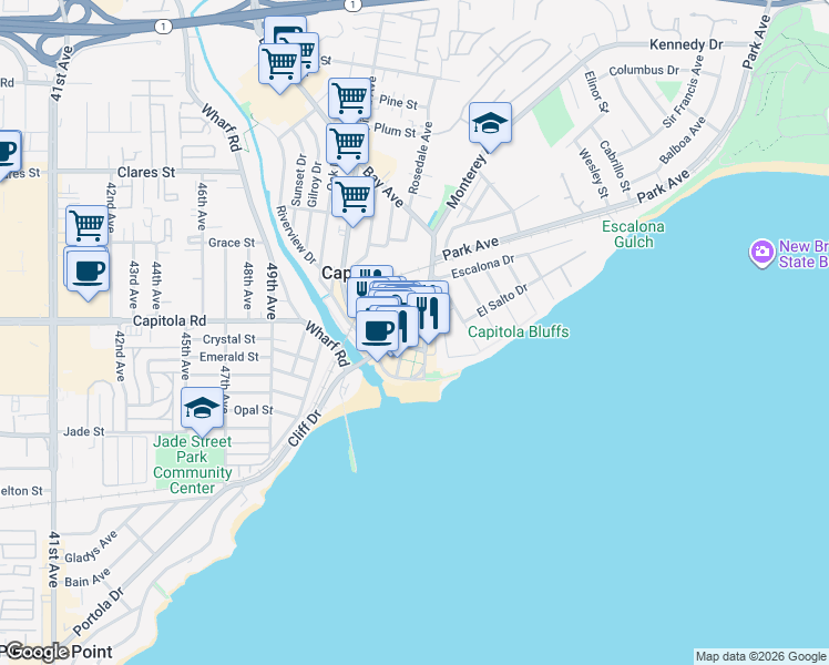 map of restaurants, bars, coffee shops, grocery stores, and more near 107 Park Place in Capitola
