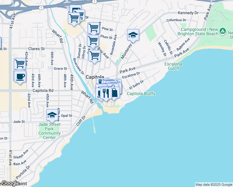 map of restaurants, bars, coffee shops, grocery stores, and more near 218 El Camino Medio in Capitola