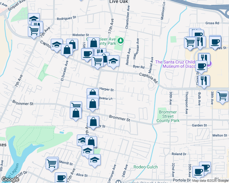 map of restaurants, bars, coffee shops, grocery stores, and more near 1944 Harper Street in Santa Cruz