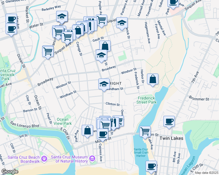 map of restaurants, bars, coffee shops, grocery stores, and more near in Santa Cruz