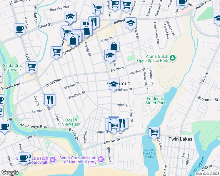 map of restaurants, bars, coffee shops, grocery stores, and more near 1111 Seabright Avenue in Santa Cruz