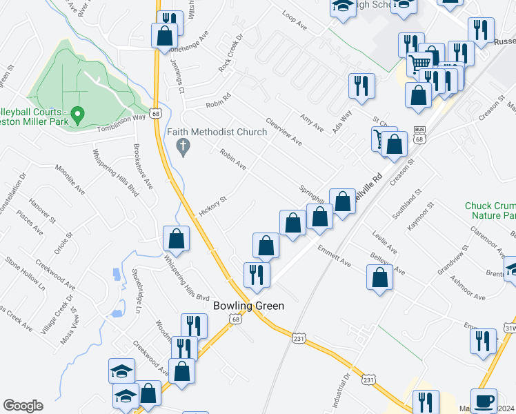 map of restaurants, bars, coffee shops, grocery stores, and more near 100-198 Robin Avenue in Bowling Green