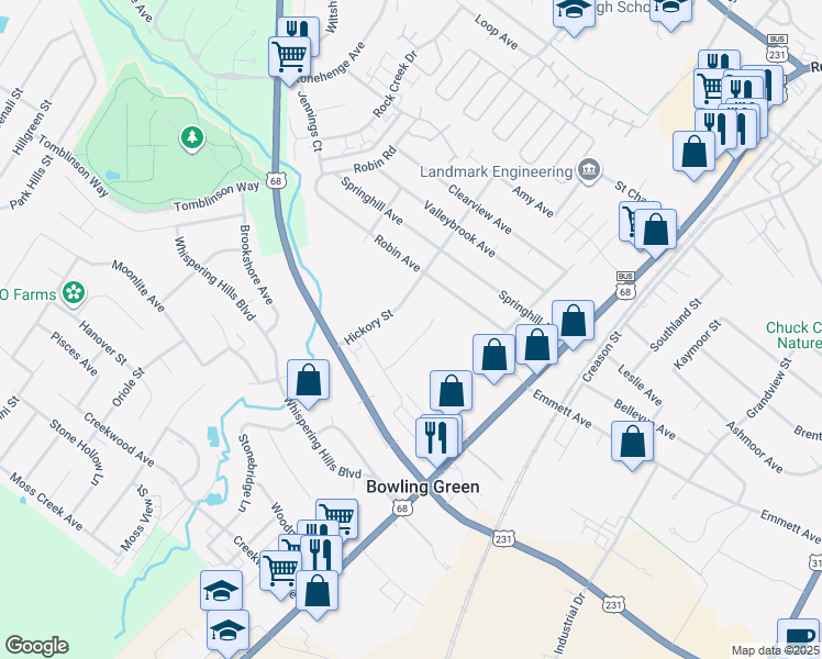 map of restaurants, bars, coffee shops, grocery stores, and more near 2311 Russellville Road in Bowling Green