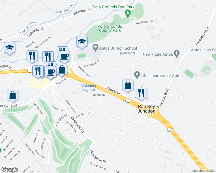 map of restaurants, bars, coffee shops, grocery stores, and more near 9653 Soquel Drive in Aptos