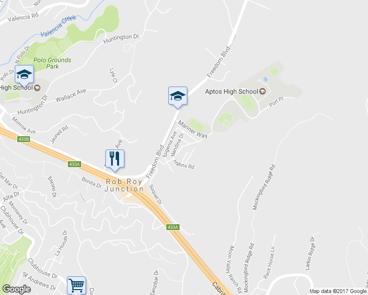 map of restaurants, bars, coffee shops, grocery stores, and more near 109 Cherry Blossom Lane in Aptos