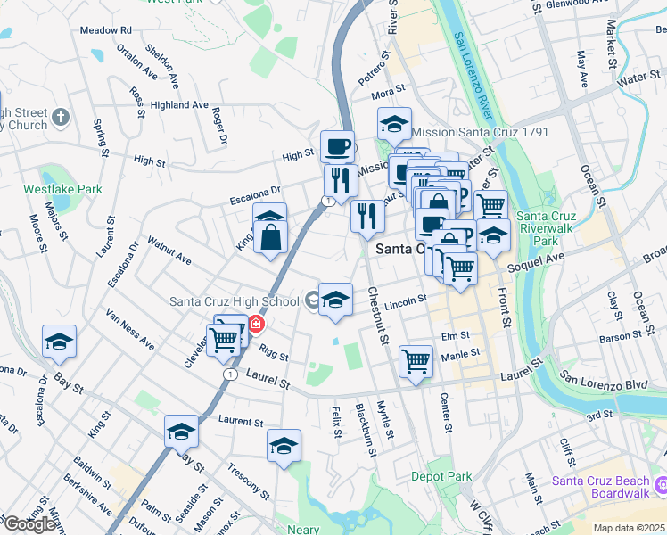 map of restaurants, bars, coffee shops, grocery stores, and more near 142 Chrystal Terrace in Santa Cruz