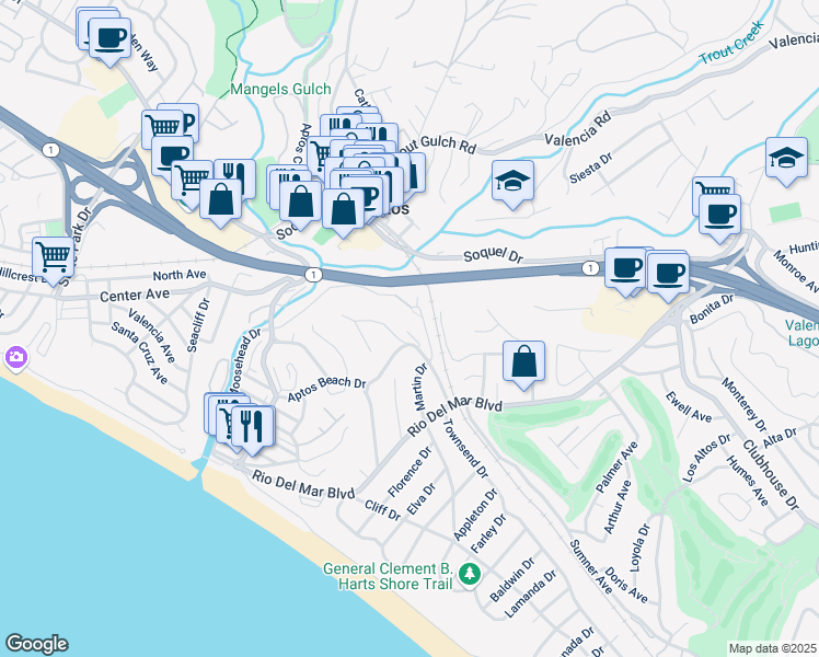 map of restaurants, bars, coffee shops, grocery stores, and more near 279 Aptos Beach Drive in Aptos