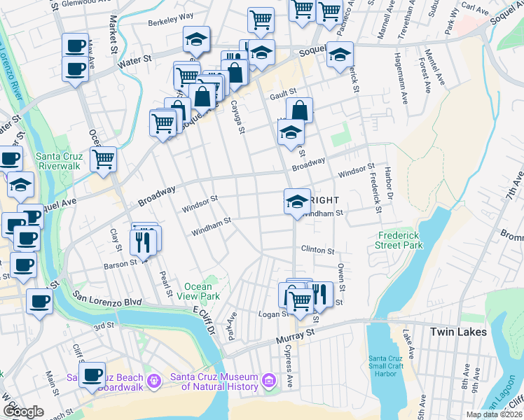 map of restaurants, bars, coffee shops, grocery stores, and more near 610 Cayuga Street in Santa Cruz