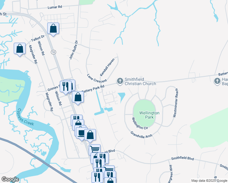 map of restaurants, bars, coffee shops, grocery stores, and more near 426 Ginger Loop in Smithfield