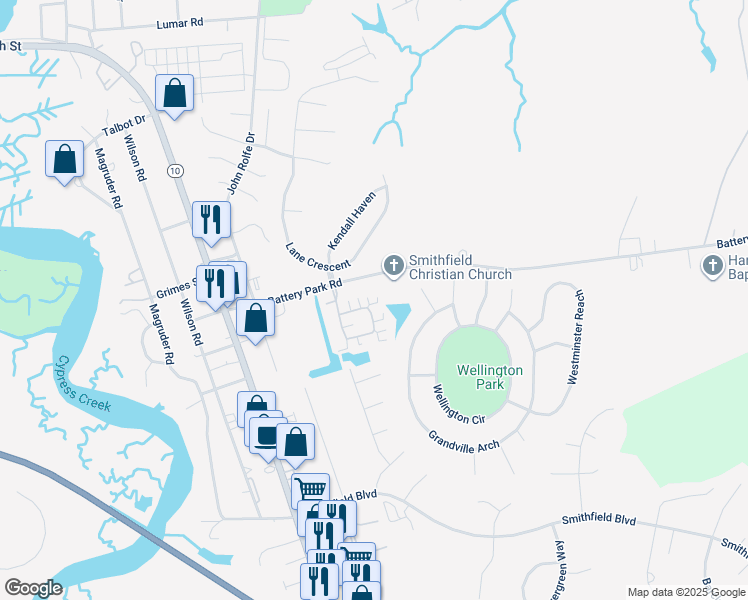 map of restaurants, bars, coffee shops, grocery stores, and more near 426 Ginger Loop in Smithfield