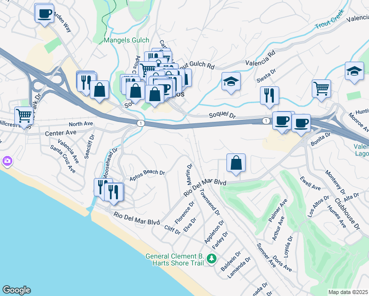 map of restaurants, bars, coffee shops, grocery stores, and more near 279 Aptos Beach Drive in Aptos