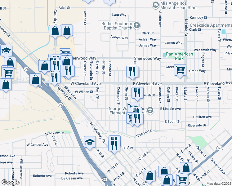 map of restaurants, bars, coffee shops, grocery stores, and more near 1006 Columbia Street in Madera