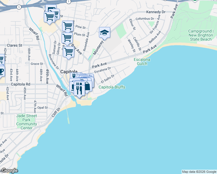 map of restaurants, bars, coffee shops, grocery stores, and more near 308 Grand Avenue in Capitola