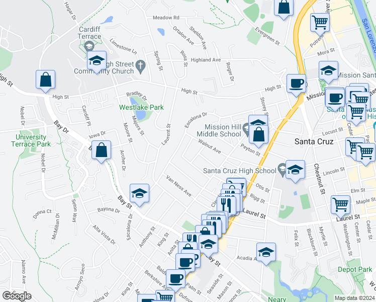 map of restaurants, bars, coffee shops, grocery stores, and more near 127 Easterby Avenue in Santa Cruz