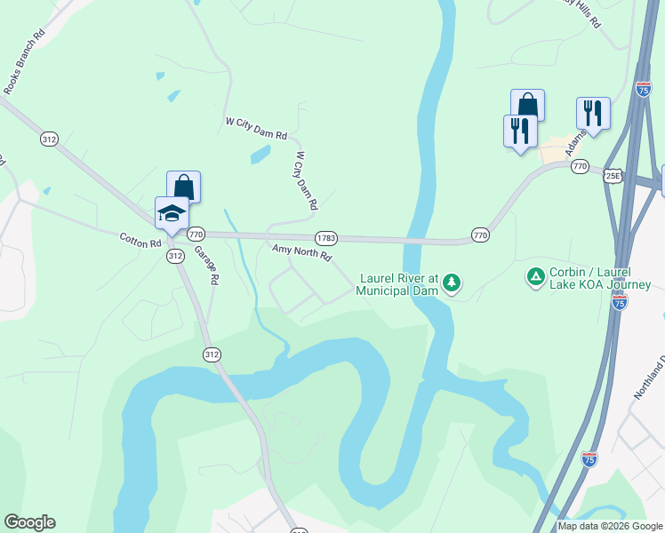 map of restaurants, bars, coffee shops, grocery stores, and more near 185 Amy North Road in Corbin