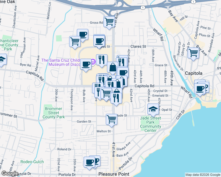 map of restaurants, bars, coffee shops, grocery stores, and more near 1649 41st Avenue in Capitola