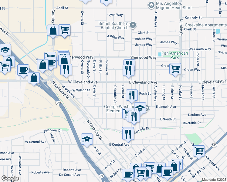 map of restaurants, bars, coffee shops, grocery stores, and more near 1006 Columbia Street in Madera