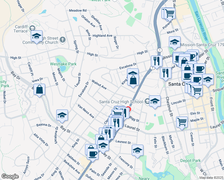 map of restaurants, bars, coffee shops, grocery stores, and more near 812 Walnut Avenue in Santa Cruz