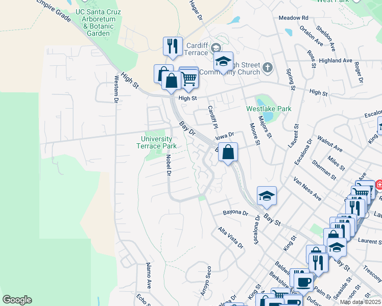 map of restaurants, bars, coffee shops, grocery stores, and more near 153 Peach Terrace in Santa Cruz