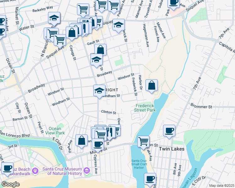 map of restaurants, bars, coffee shops, grocery stores, and more near 202 Darwin Street in Santa Cruz
