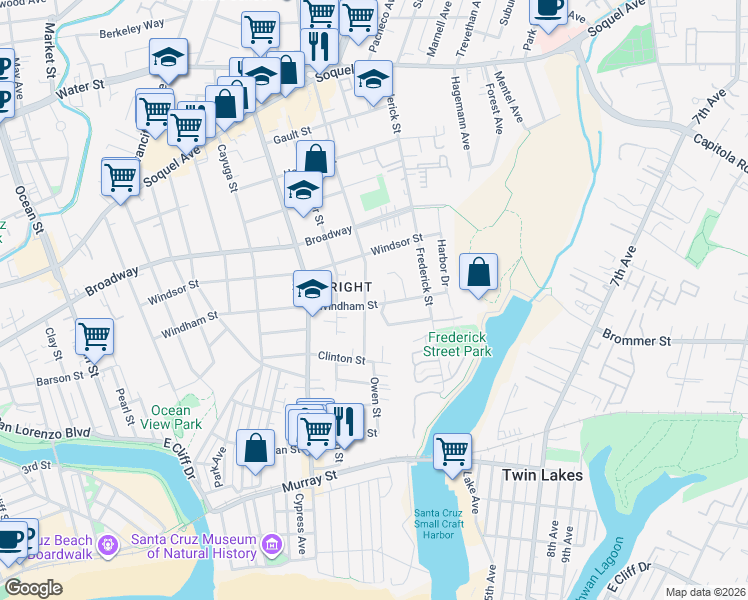 map of restaurants, bars, coffee shops, grocery stores, and more near 809 Windham Street in Santa Cruz