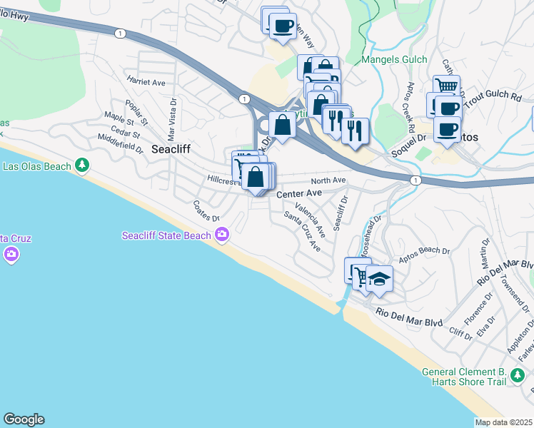 map of restaurants, bars, coffee shops, grocery stores, and more near 237 Santa Cruz Avenue in Aptos