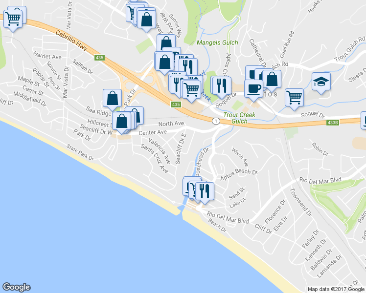map of restaurants, bars, coffee shops, grocery stores, and more near 125 Seacliff Drive in Aptos